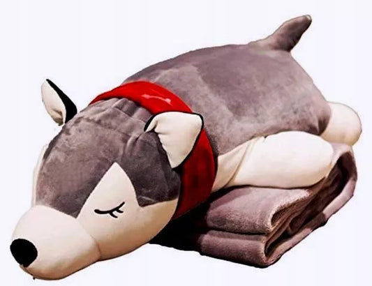 Haskio šuo pliušinis žaislas - pagalvė, 3in1 rinkinys, didelis minkštas žaislas su antklode