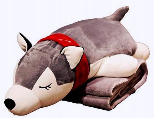 Haskio šuo pliušinis žaislas - pagalvė, 3in1 rinkinys, didelis minkštas žaislas su antklode