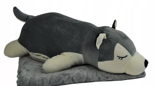 Haskio šuo pliušinis žaislas - pagalvė, 3in1 rinkinys, didelis minkštas žaislas su antklode