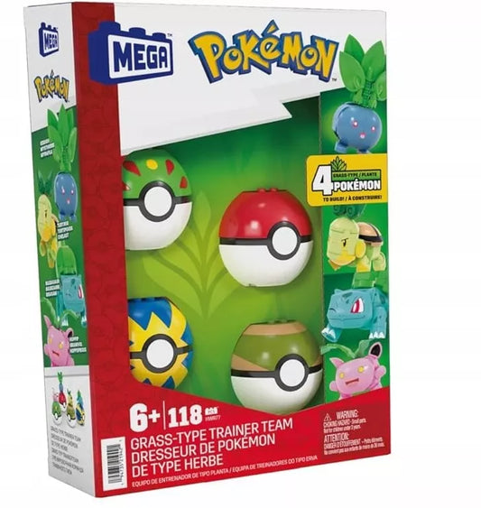 MEGA KLOCKAIŲ RINKINYS 118 vnt. 4 Žolės tipo Pokemonai + 4 Pokébalai
