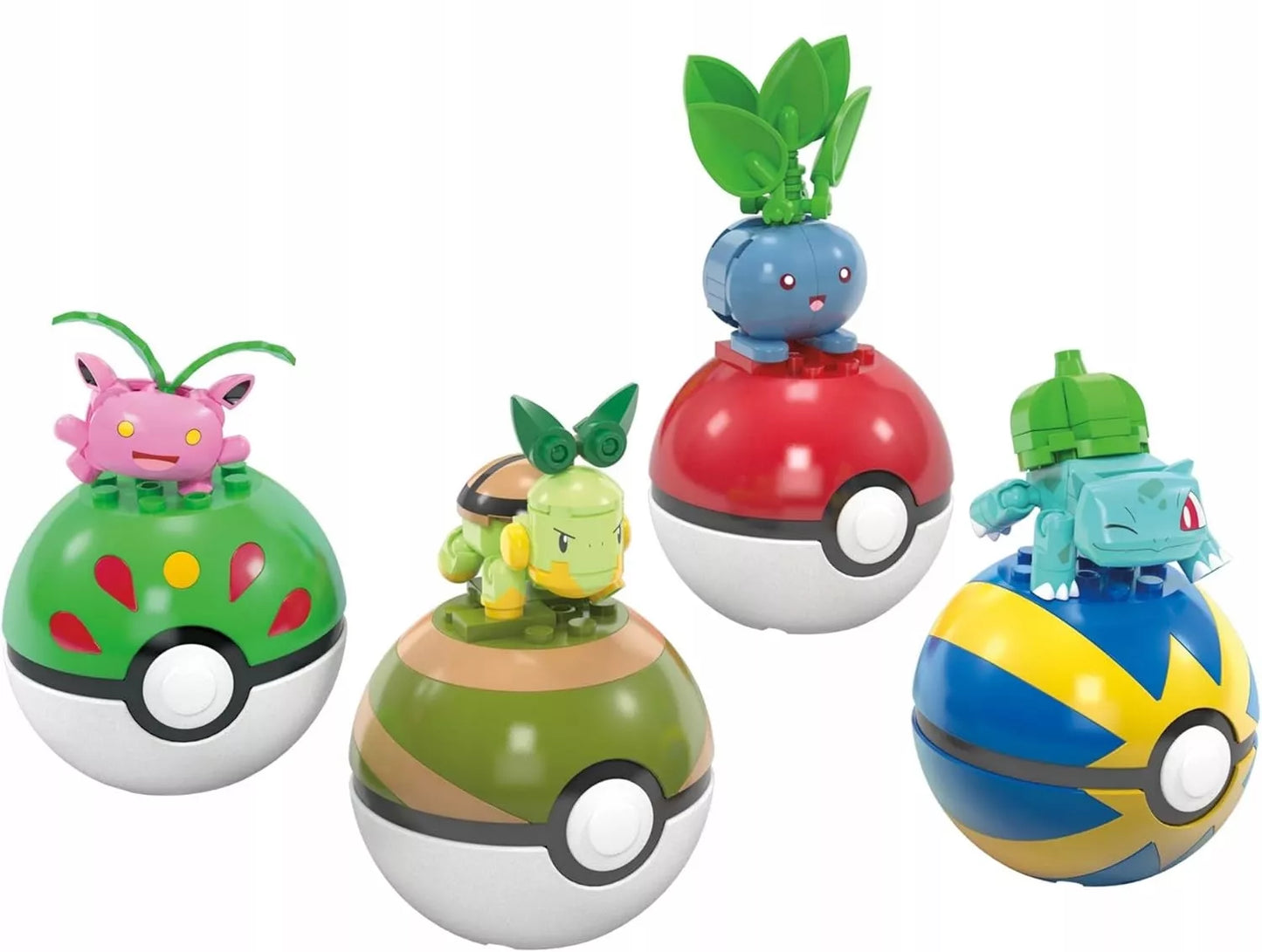 MEGA KLOCKAIŲ RINKINYS 118 vnt. 4 Žolės tipo Pokemonai + 4 Pokébalai