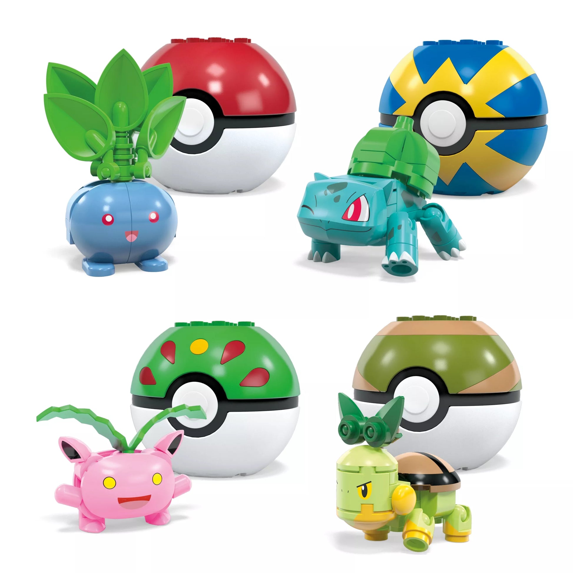 MEGA KLOCKAIŲ RINKINYS 118 vnt. 4 Žolės tipo Pokemonai + 4 Pokébalai