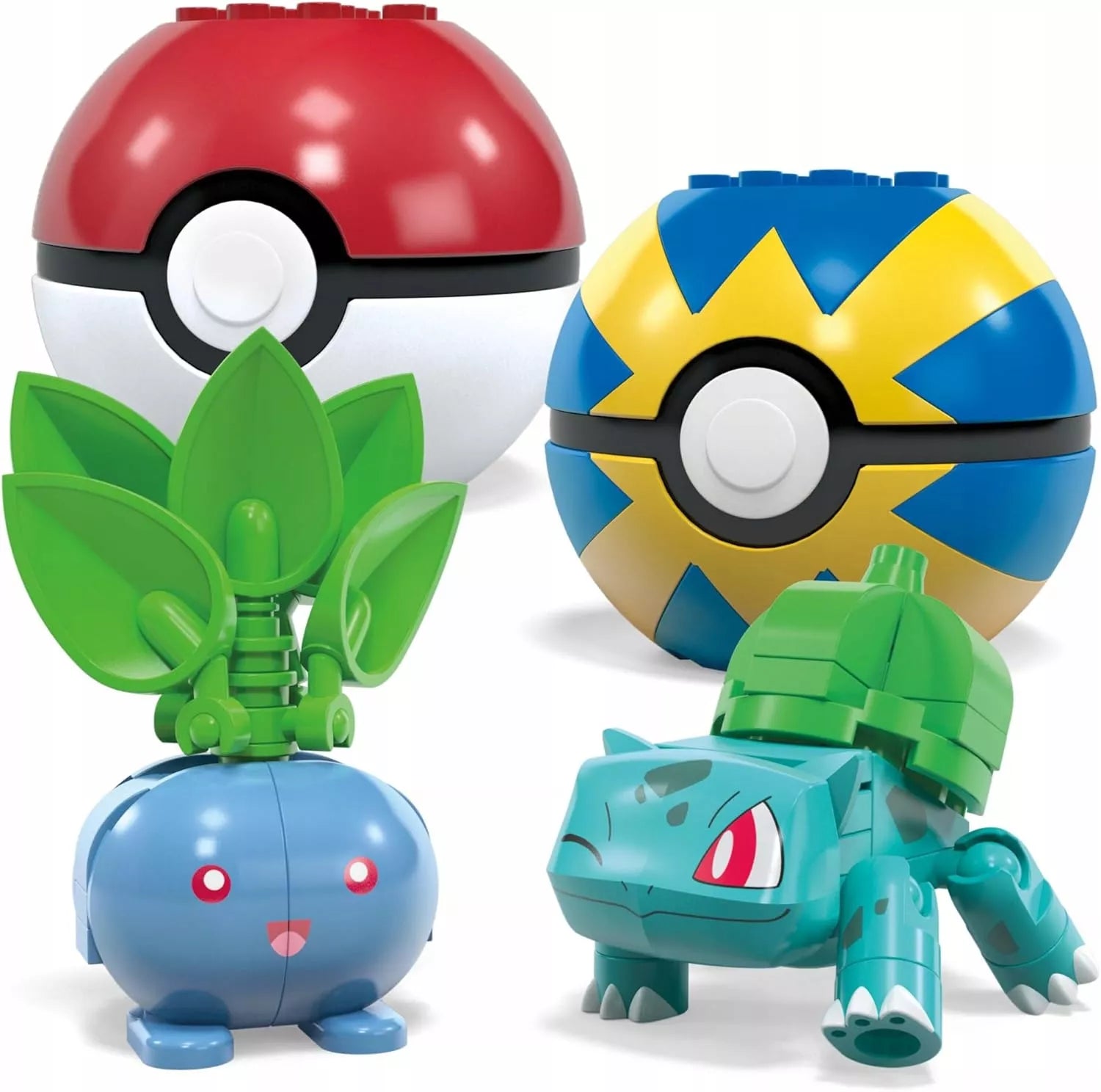 MEGA KLOCKAIŲ RINKINYS 118 vnt. 4 Žolės tipo Pokemonai + 4 Pokébalai