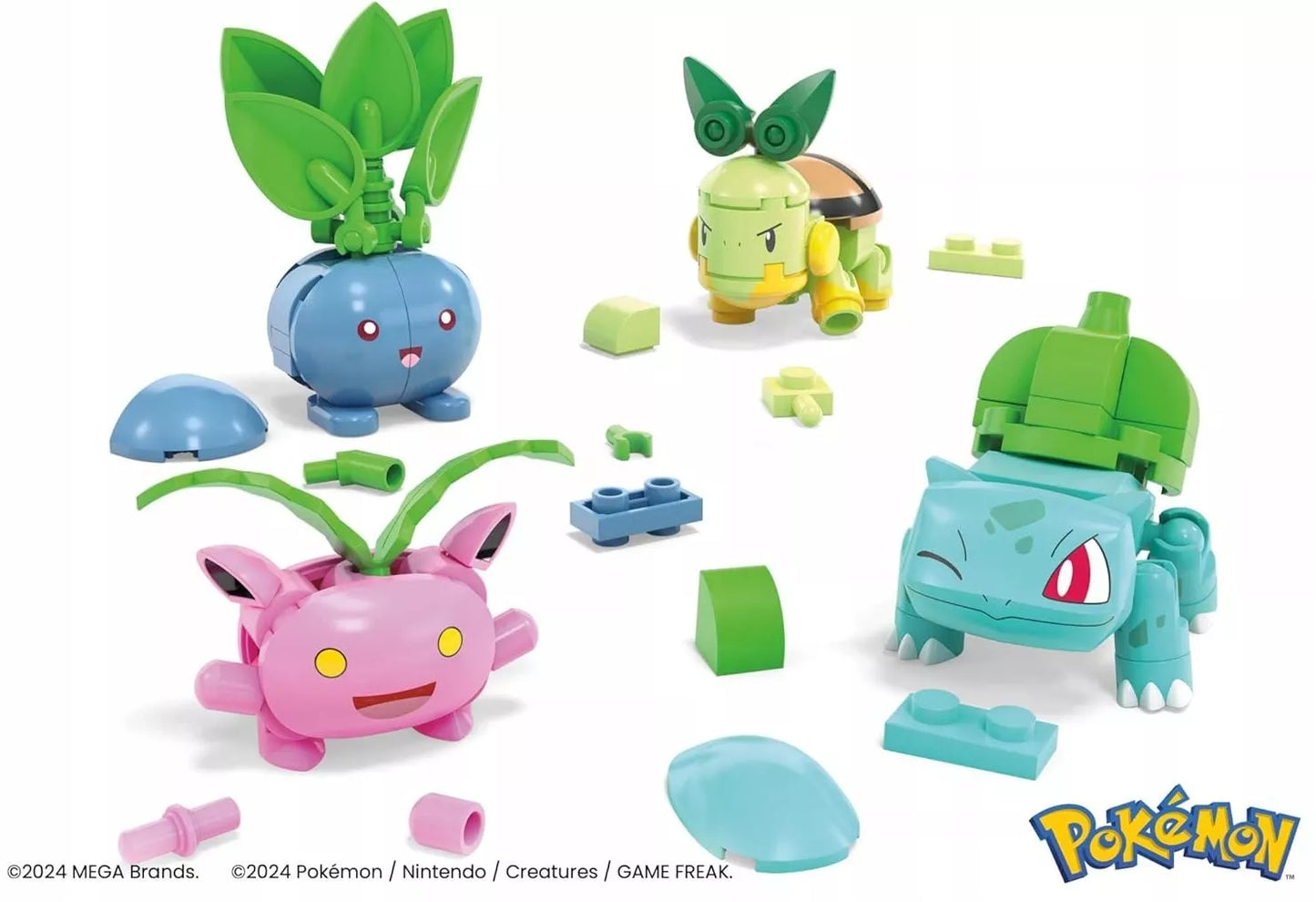 MEGA KLOCKAIŲ RINKINYS 118 vnt. 4 Žolės tipo Pokemonai + 4 Pokébalai