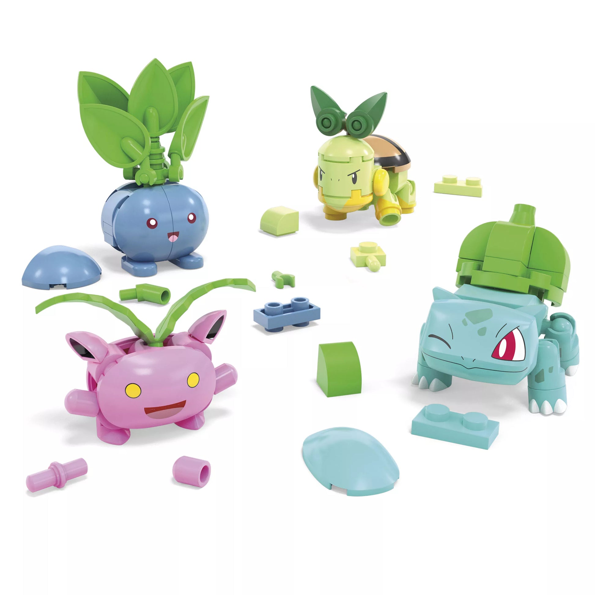 MEGA KLOCKAIŲ RINKINYS 118 vnt. 4 Žolės tipo Pokemonai + 4 Pokébalai