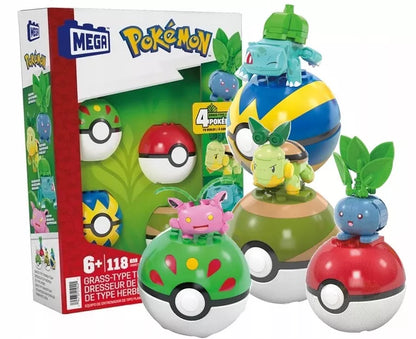 MEGA KLOCKAIŲ RINKINYS 118 vnt. 4 Žolės tipo Pokemonai + 4 Pokébalai