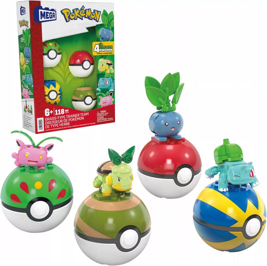 MEGA KLOCKAIŲ RINKINYS 118 vnt. 4 Žolės tipo Pokemonai + 4 Pokébalai