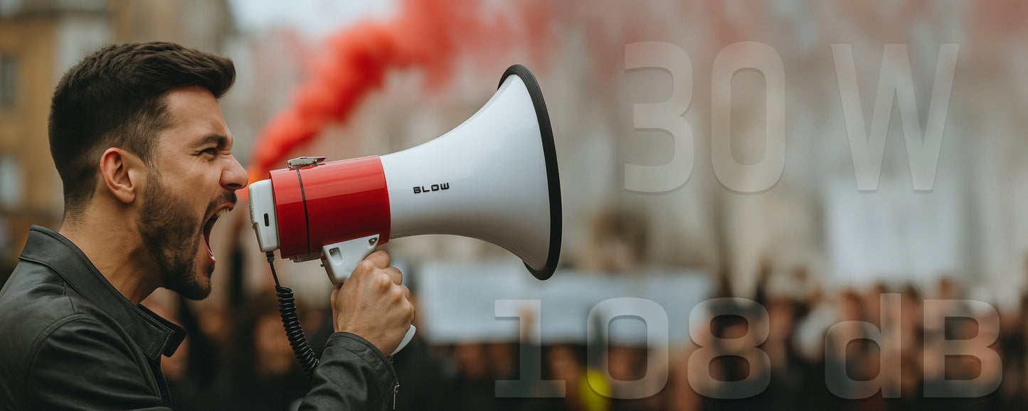 Labai Garsus Megafonas su Sirena ir Pavojaus Signalu, Mikrofonu, skirtas Maršams ir Protestams, 30W, 108dB, HQ