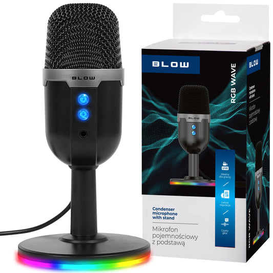 Kondensatorinis mikrofonas kompiuteriui, žaidimų, studijinis, karaoke, USB, LED RGB