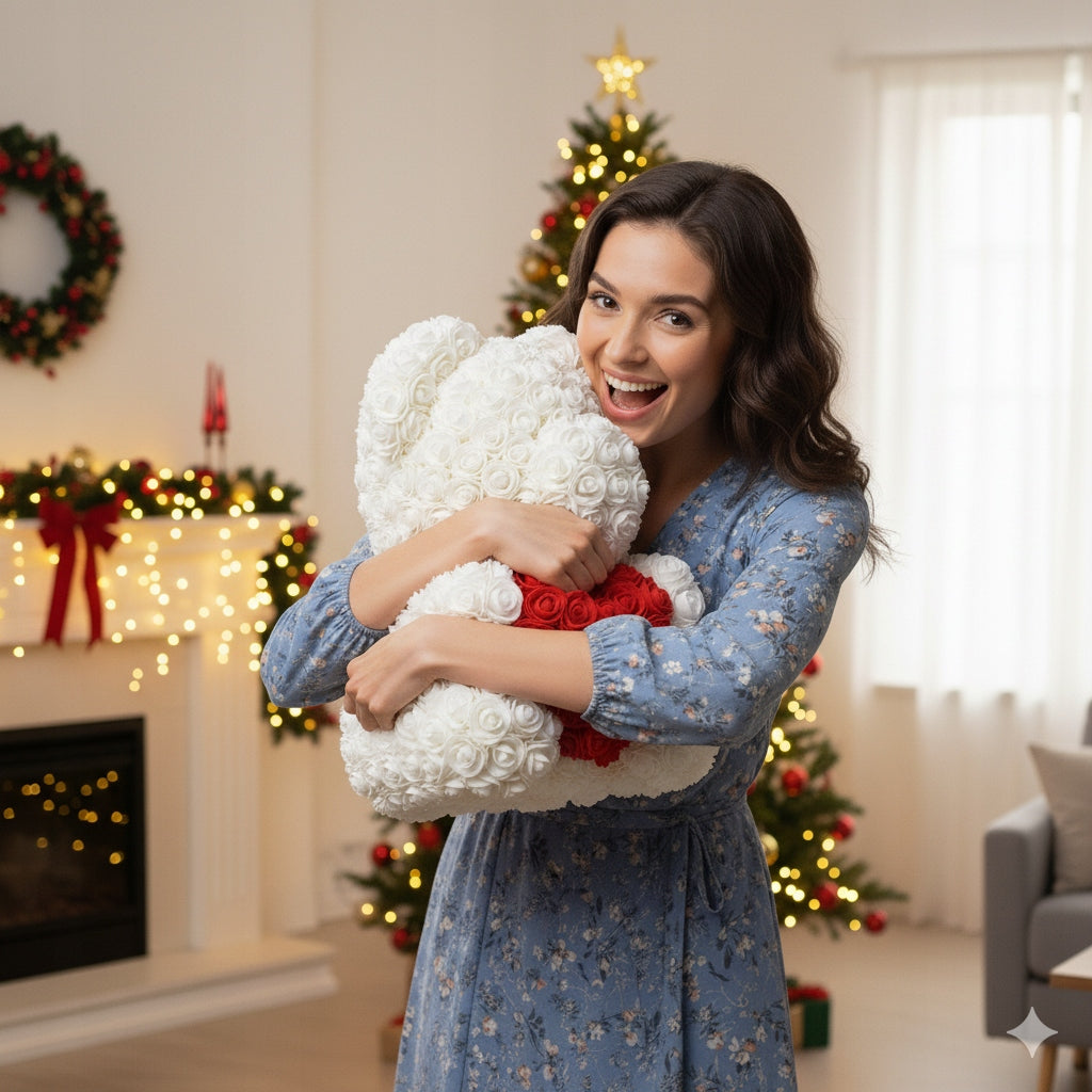 MEŠKUTĖ IŠ ROŽIŲ Didelė 40CM XXL dovanai BALTA su Širdele iš 650 Žiedlapių