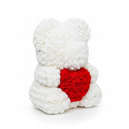 MEŠKUTĖ IŠ ROŽIŲ Didelė 40CM XXL dovanai BALTA su Širdele iš 650 Žiedlapių