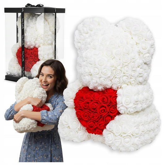 MEŠKUTĖ IŠ ROŽIŲ Didelė 40CM XXL dovanai BALTA su Širdele iš 650 Žiedlapių