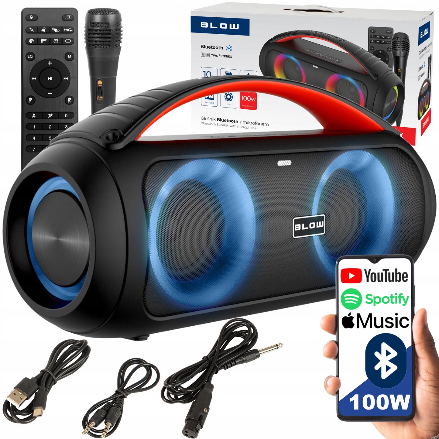 Galingas Bluetooth garsiakalbis Nešiojamas Boombox su mikrofonu, nuotolinio valdymo pulteliu, USB, SD, FM, KARAOKE