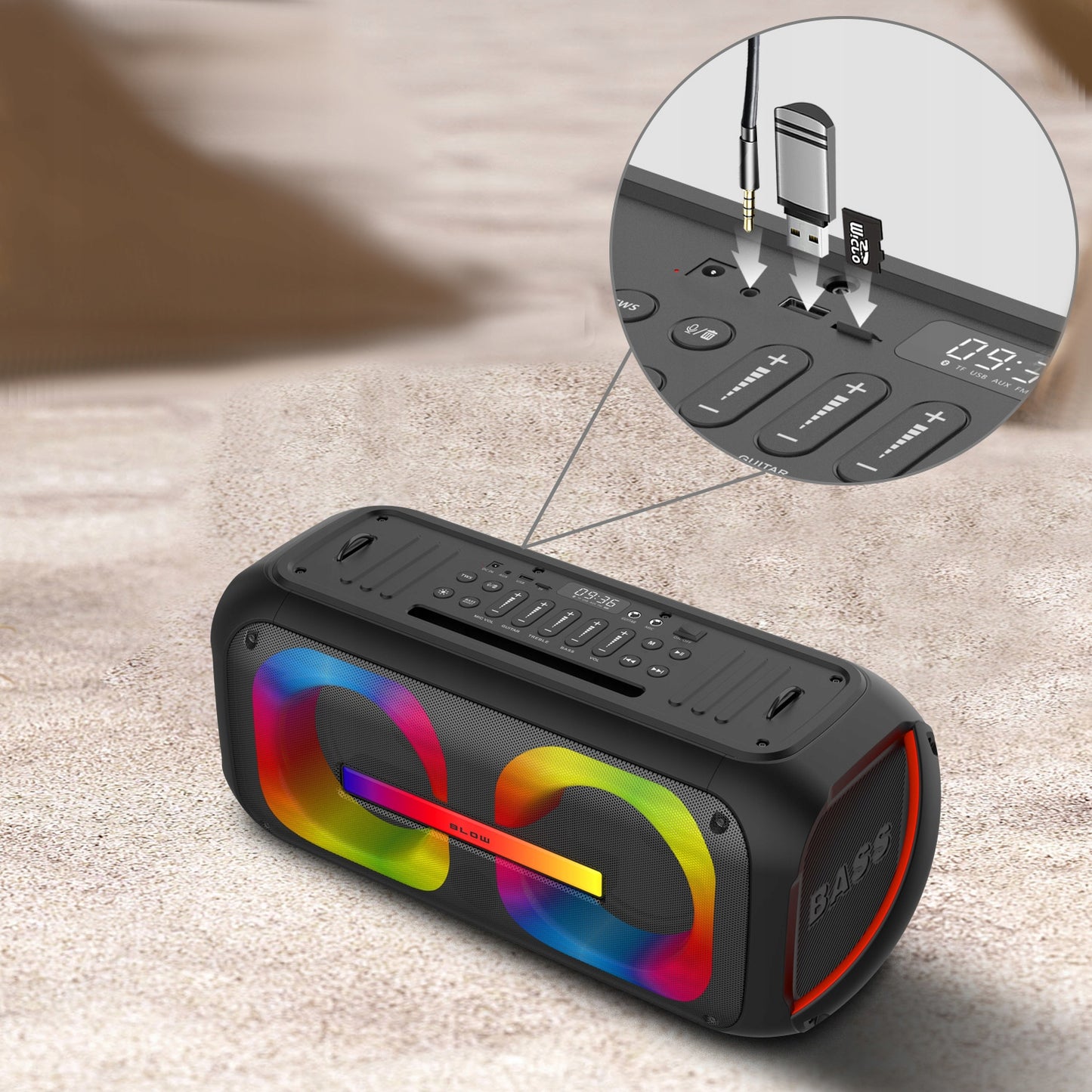 Galingas Bluetooth nešiojamas mobilus garsiakalbis su mikrofonu, nuotolinio valdymo pulteliu, USB, SD, Karaoke