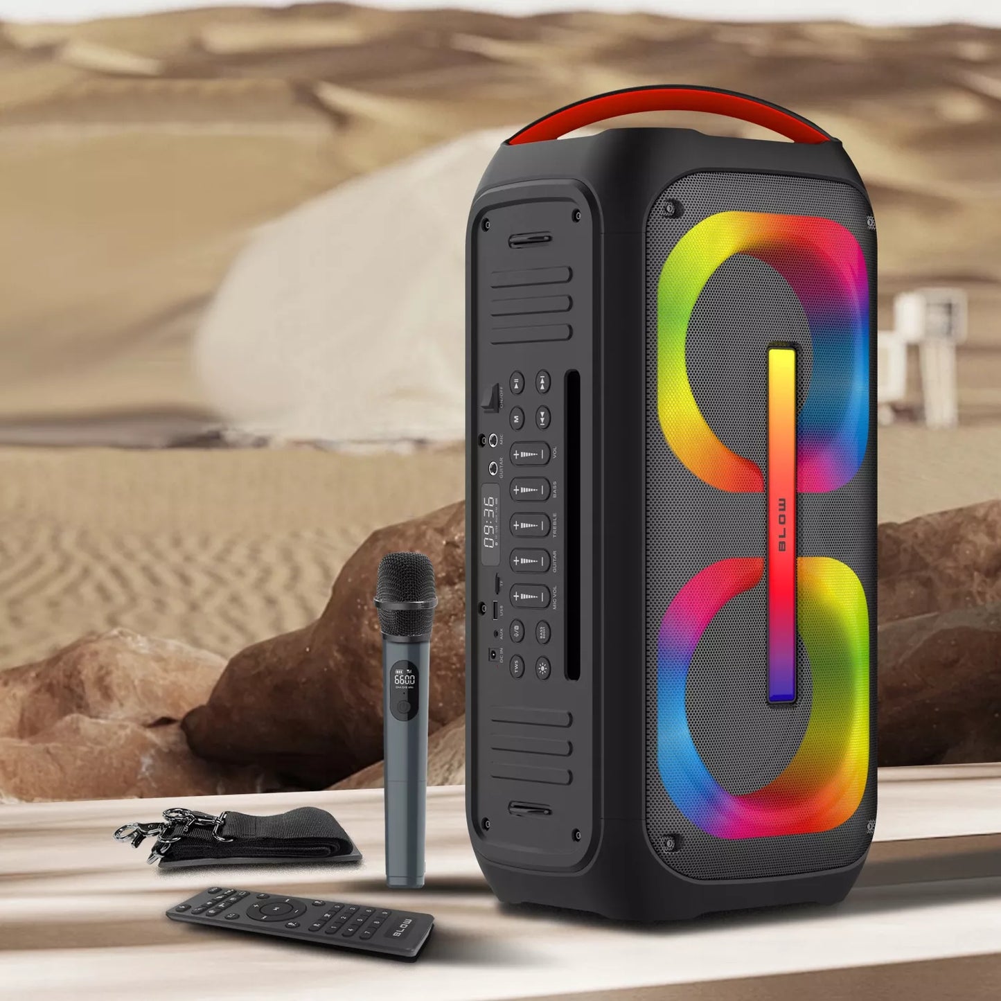 Galingas Bluetooth nešiojamas mobilus garsiakalbis su mikrofonu, nuotolinio valdymo pulteliu, USB, SD, Karaoke