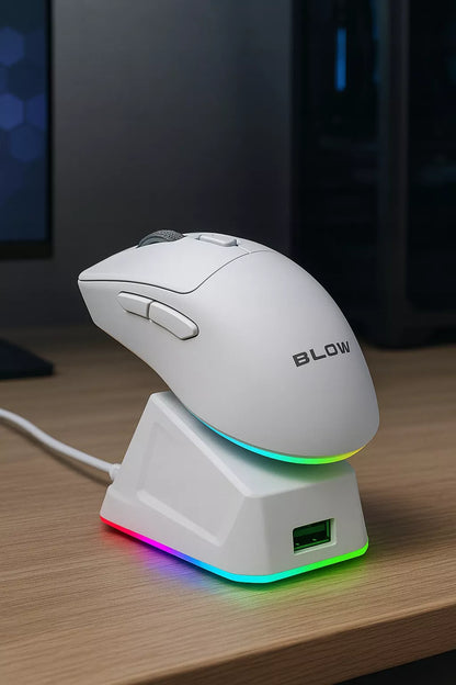 Balta optinė žaidimų pelė su įkrovimo stotele, PC, USB, Bluetooth 2.4GHz
