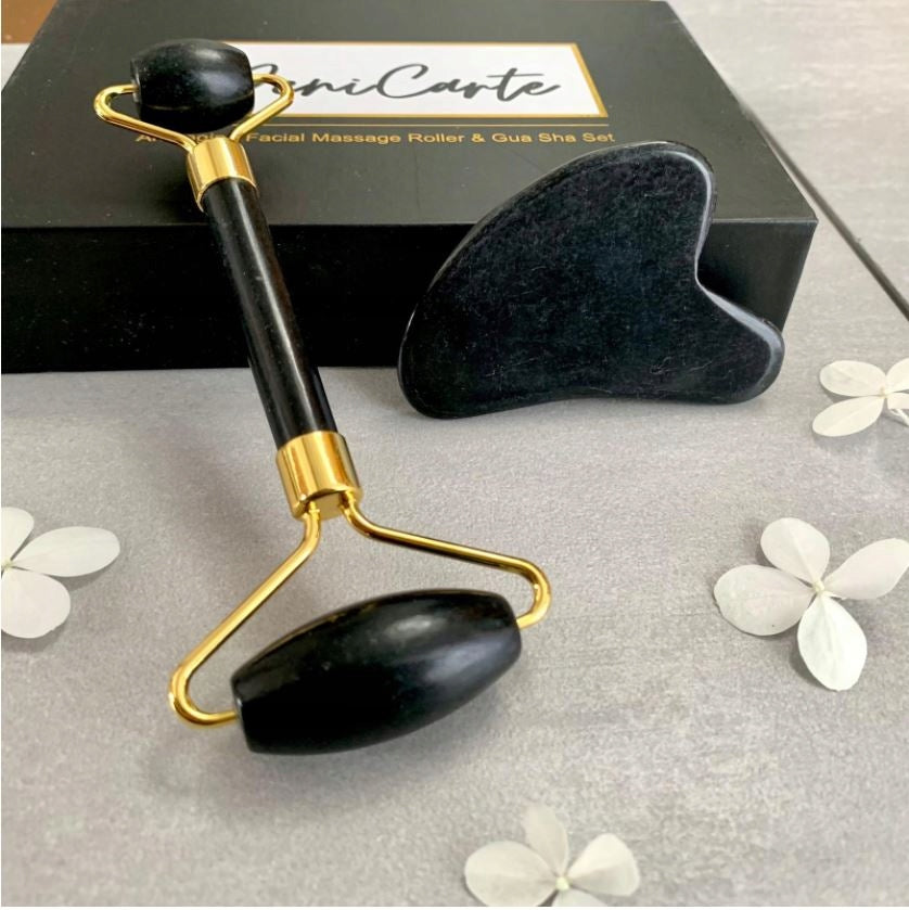 Veido masažuoklis Gua Sha akmuo, juodas nefrito volelis, dovanų rinkinys