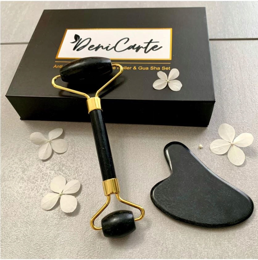 Veido masažuoklis Gua Sha akmuo, juodas nefrito volelis, dovanų rinkinys