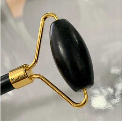 Veido masažuoklis Gua Sha akmuo, juodas nefrito volelis, dovanų rinkinys