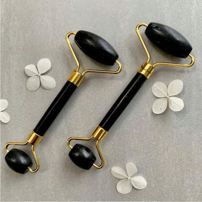 Veido masažuoklis Gua Sha akmuo, juodas nefrito volelis, dovanų rinkinys