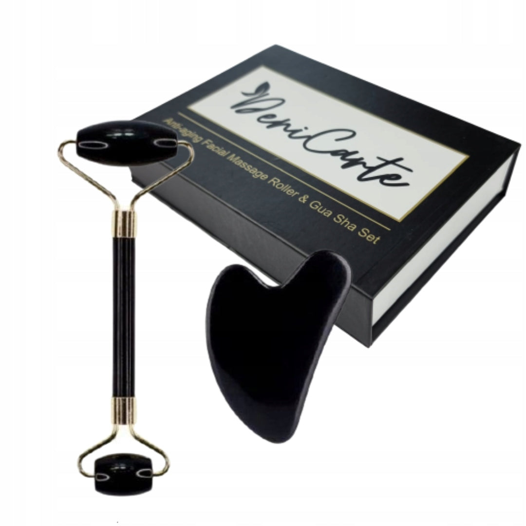 Veido masažuoklis Gua Sha akmuo, juodas nefrito volelis, dovanų rinkinys