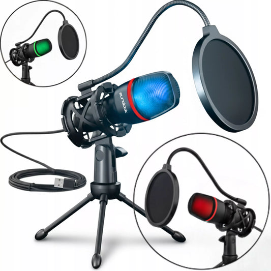 USB žaidimų mikrofonas su RGB apšvietimu ir stovu