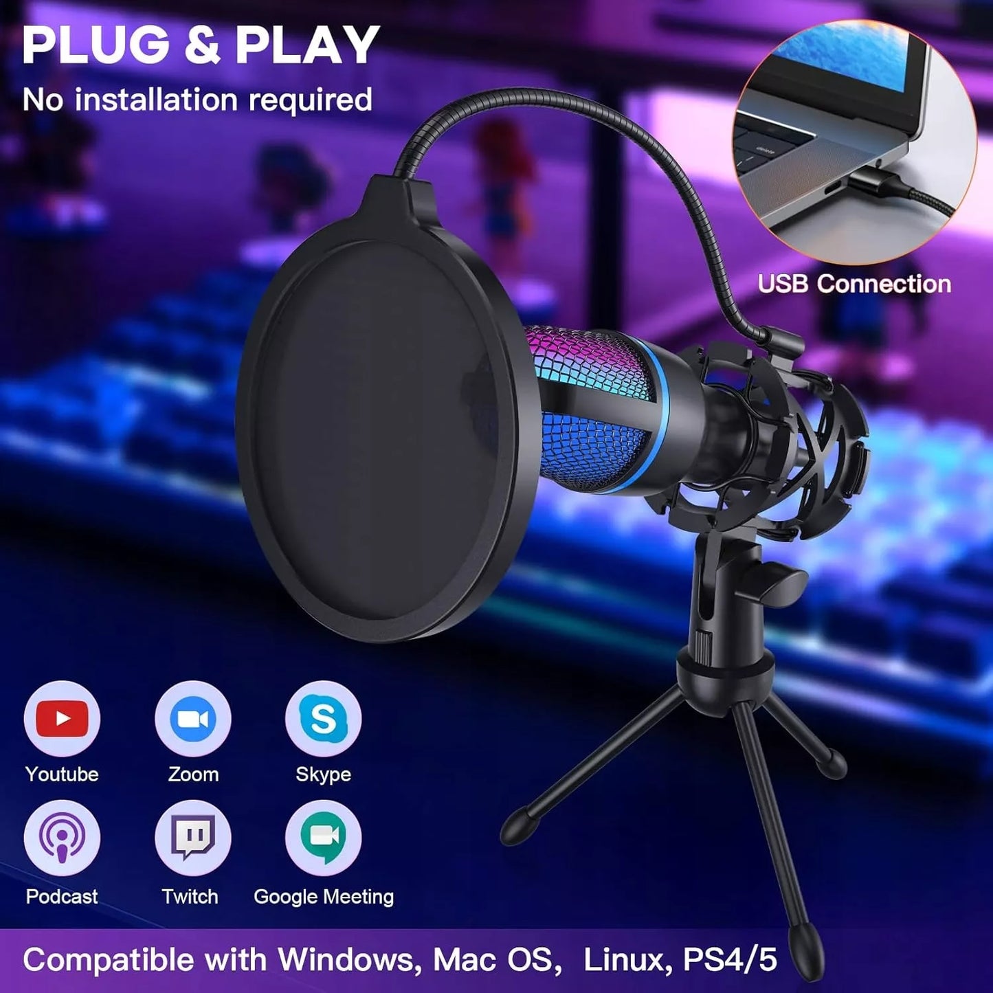 USB talpinis mikrofonas RGB – žaidimams, streamingui, vaizdo skambučiams + dėklas