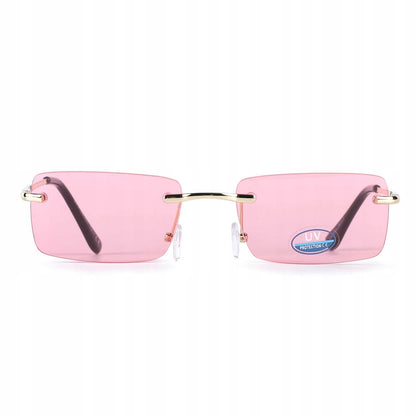 Rožiniai saulės akiniai be rėmelio, stačiakampiai + dėklas