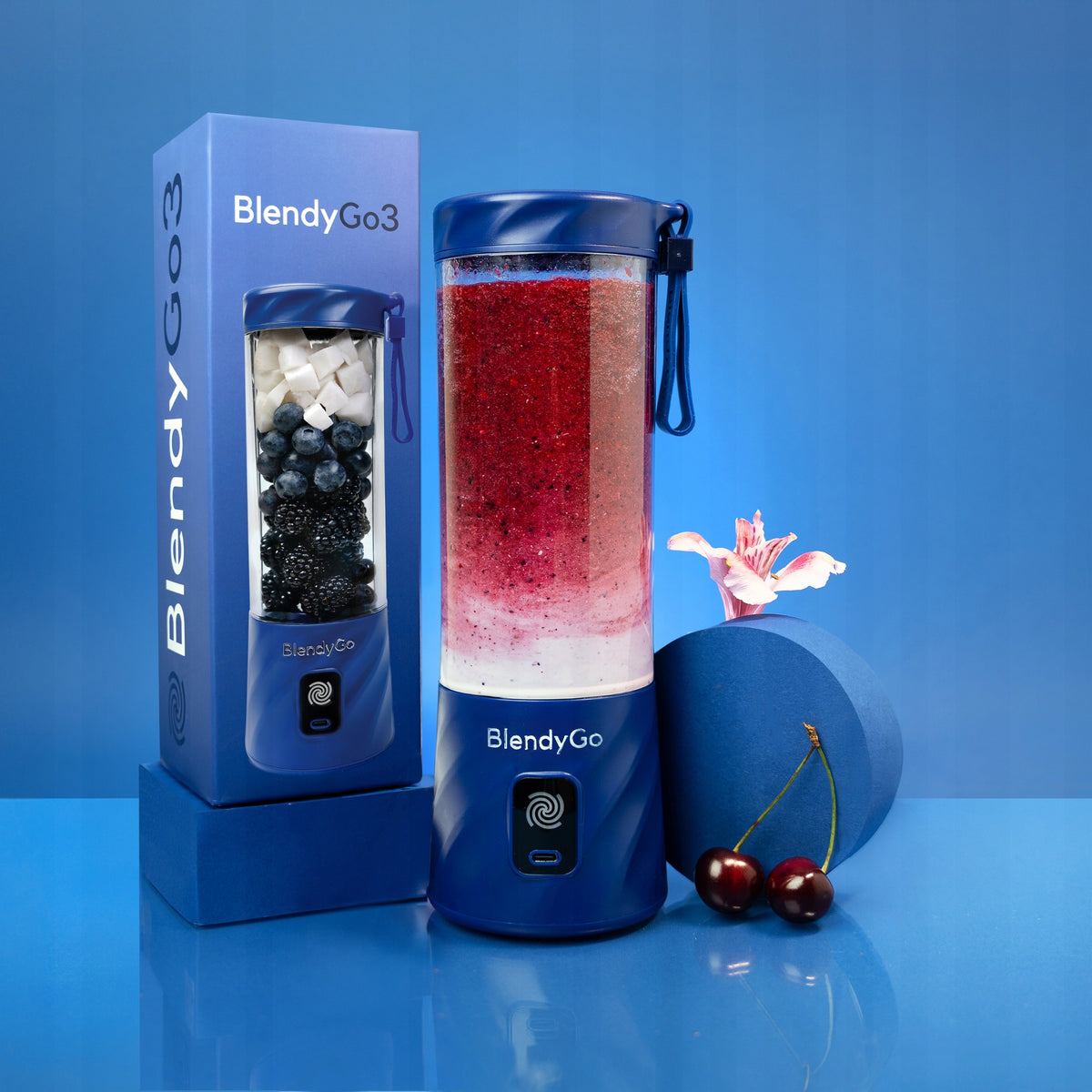 Originalus BlendyGO 3 Nešiojamas Belaidis USB Maišytuvas, 550 ml, Tamsiai Mėlynos Spalvos