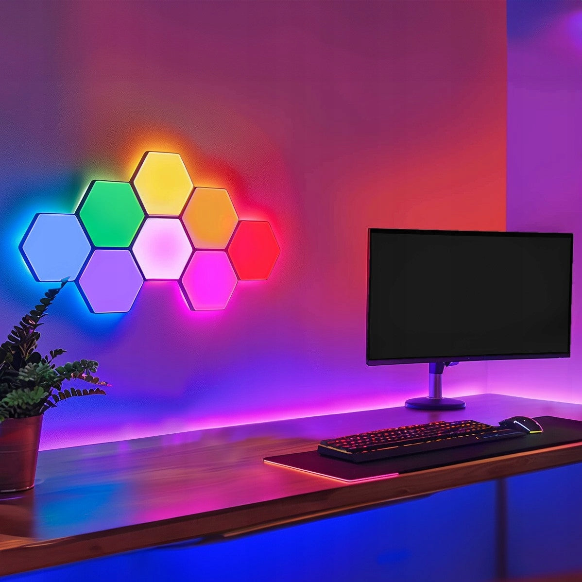 Žaidimų apšvietimas Hexagon Ambience LED RGB dekoracija su programėle ir pulteliu, 12 vnt.