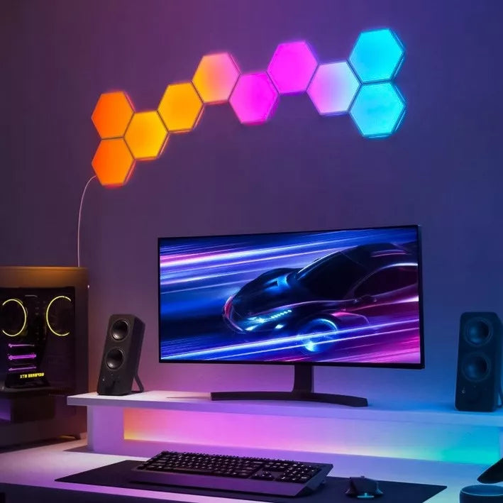 Žaidimų apšvietimas Hexagon Ambience LED RGB dekoracija su programėle ir pulteliu, 12 vnt.