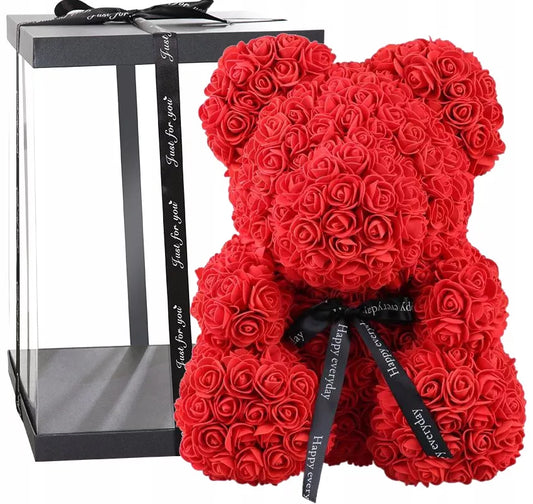 Graži meškutė iš XXL rožių – 40 cm, didelė raudona dovana