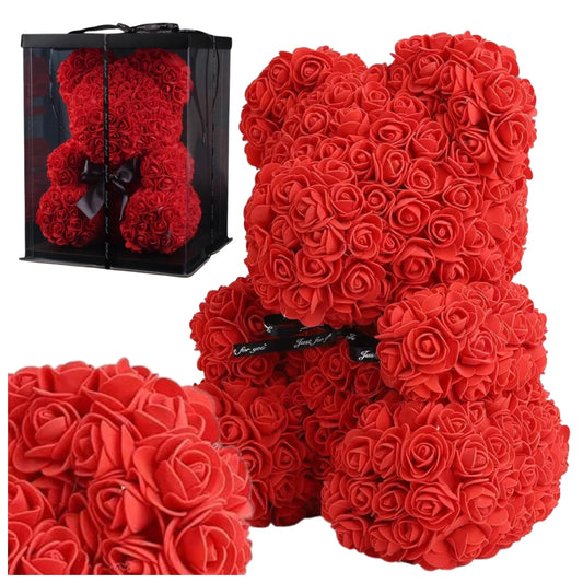 Graži meškutė iš XXL rožių – 40 cm, didelė raudona dovana