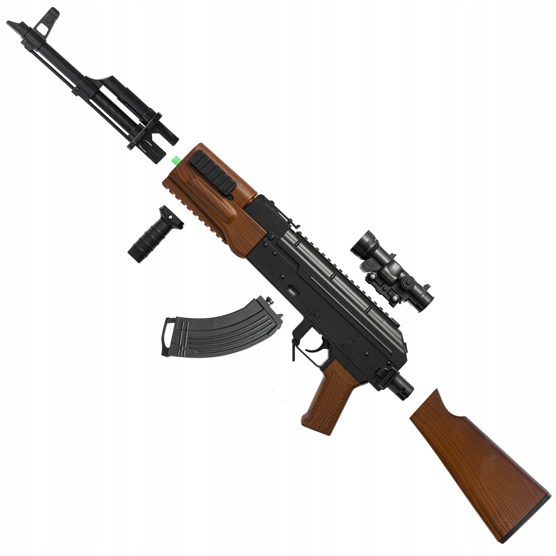 Automatinis gelio rutuliukų pistoletas, replika, dvi dėtuvės, didelis šautuvas