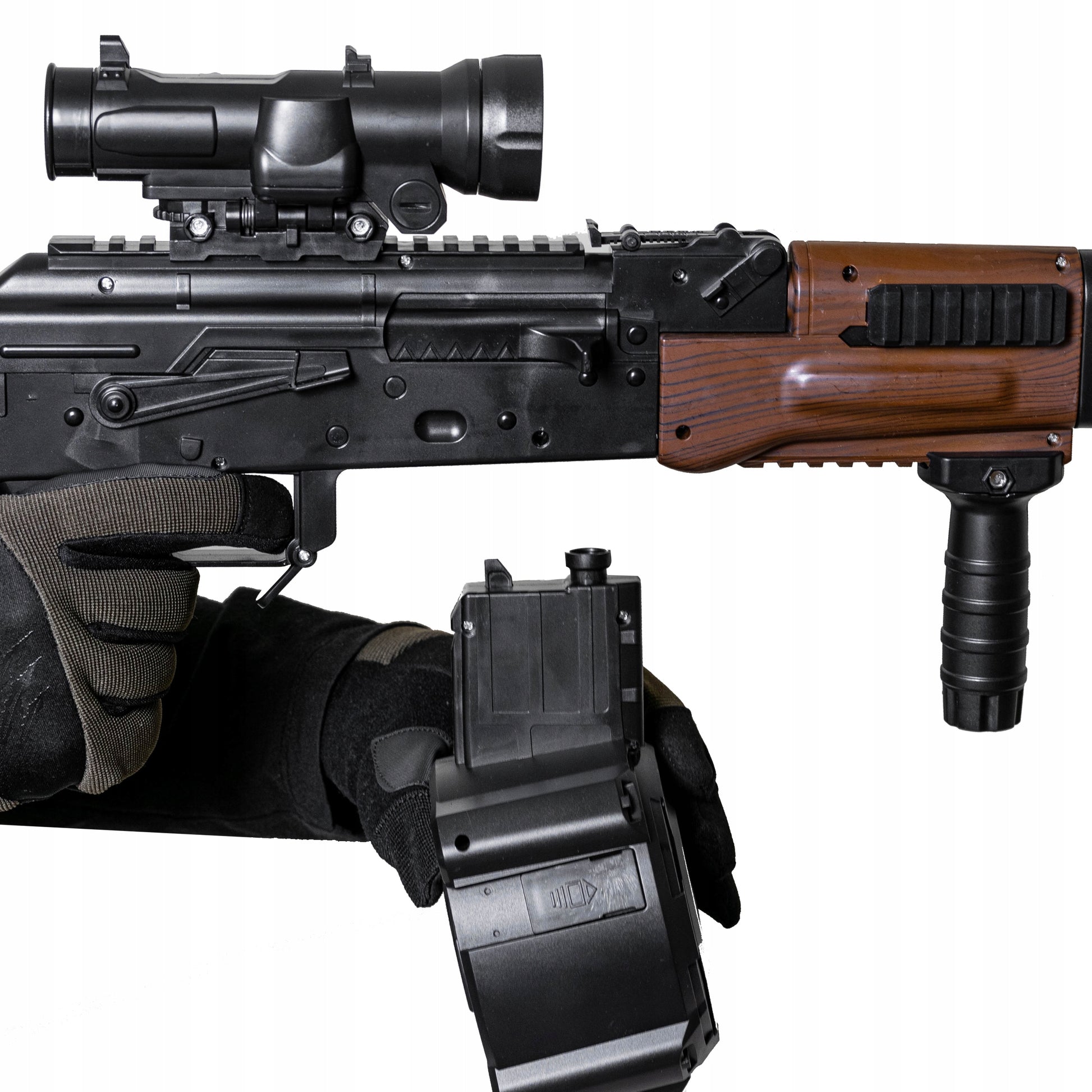 Automatinis gelio rutuliukų pistoletas, replika, dvi dėtuvės, didelis šautuvas