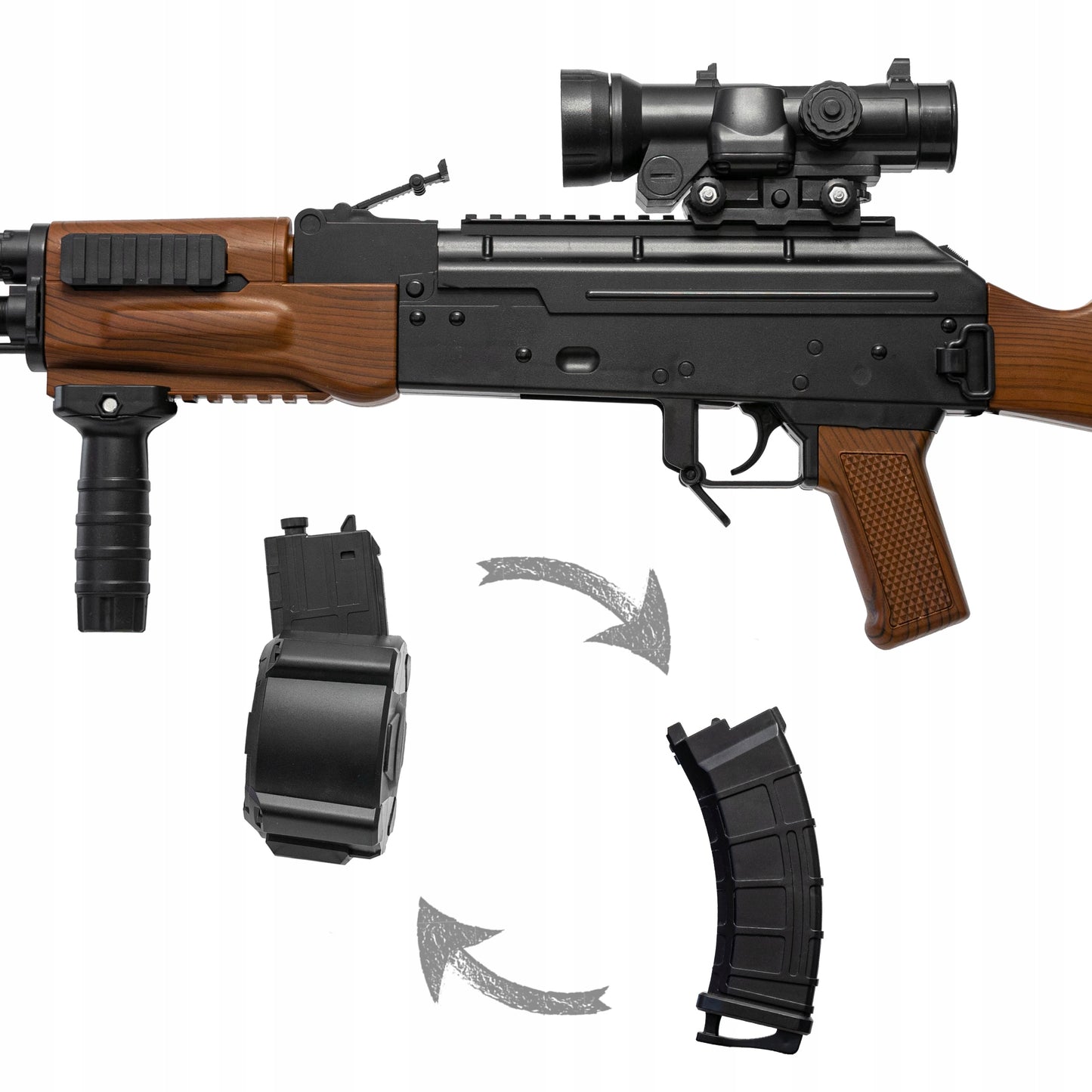 Automatinis gelio rutuliukų pistoletas, replika, dvi dėtuvės, didelis šautuvas