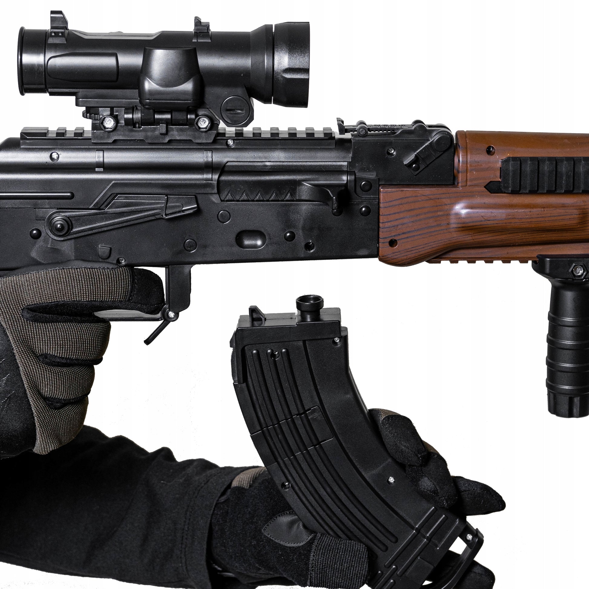 Automatinis gelio rutuliukų pistoletas, replika, dvi dėtuvės, didelis šautuvas