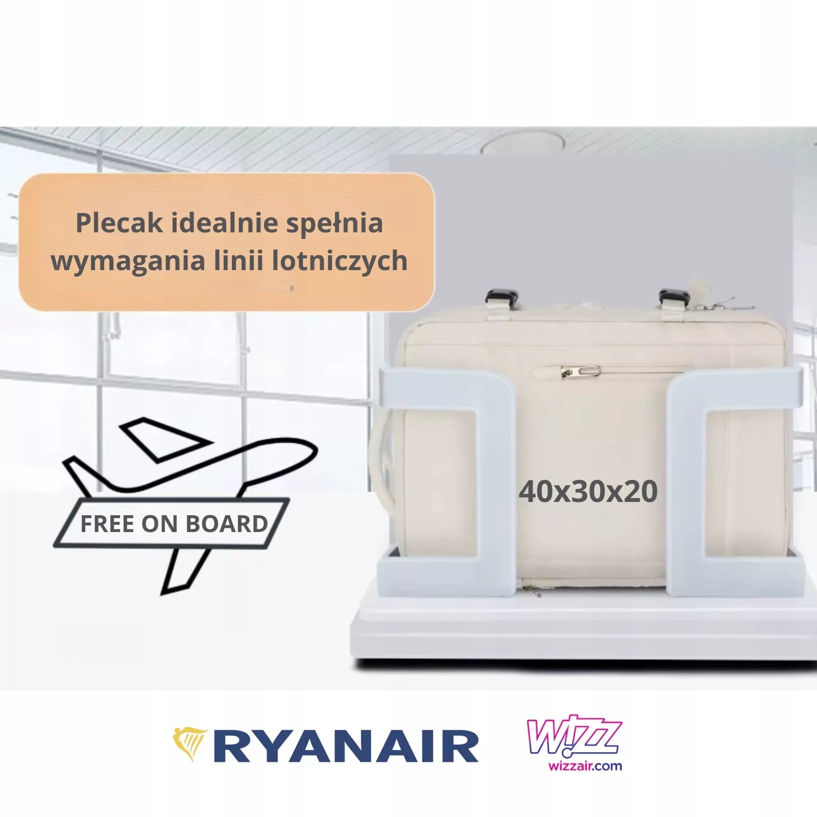 Kabininė rankinė 40×30×20 cm – USB-C, Ryanair