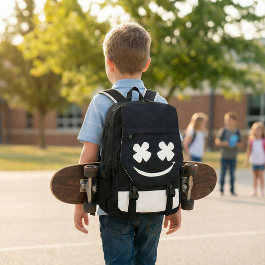 Jaunimui skirtas kuprinė GRENDS, šviečianti atspindinti kuprinė su USB prievadu ir penalas, juoda