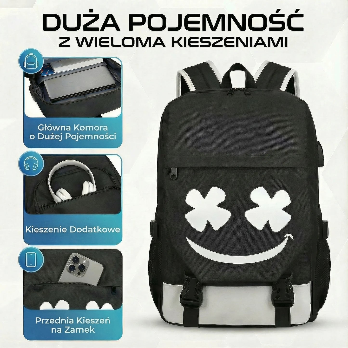 Mokyklinė kuprinė, šviečianti, atspindinti, su USB + penalas