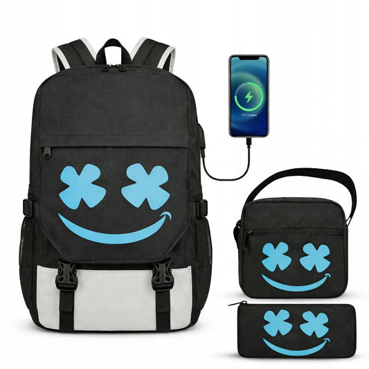 Jaunimui skirtas kuprinė GRENDS, šviečianti atspindinti kuprinė su USB prievadu ir penalas, juoda