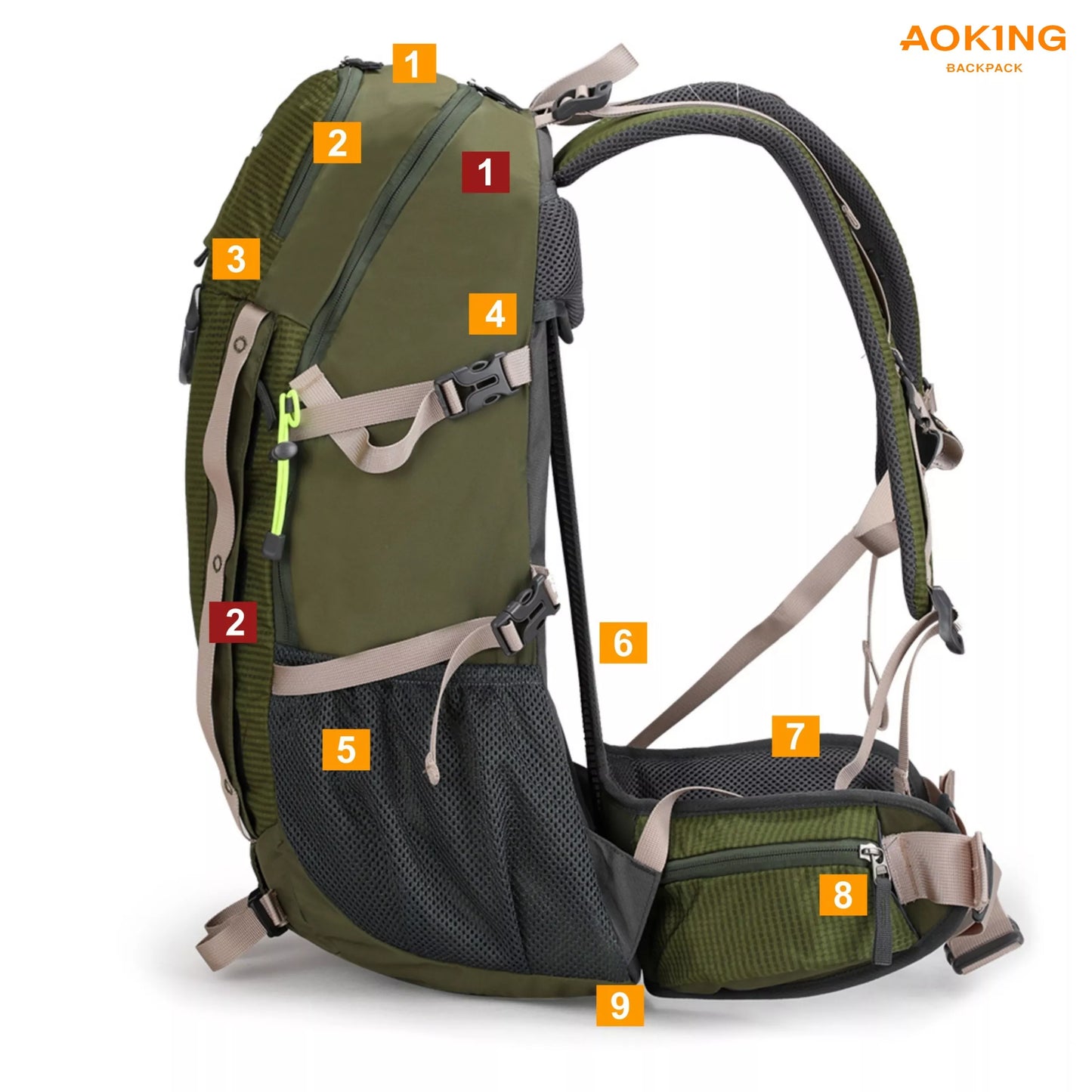 TREKKING kuprinė 35L Stovas 9 kišenės ŽALIAS