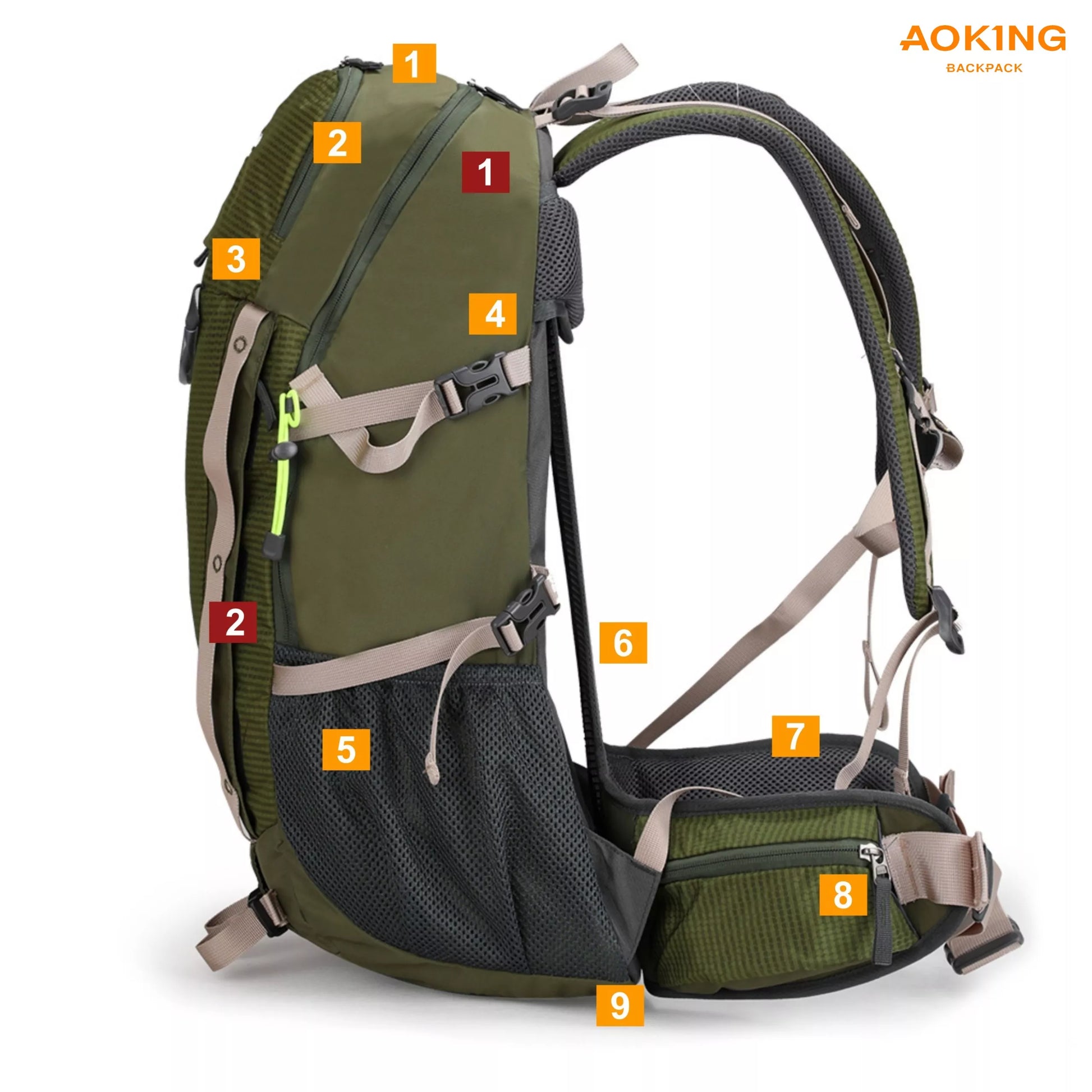 TREKKING kuprinė 35L Stovas 9 kišenės ŽALIAS