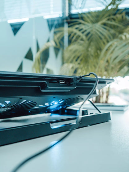 AUŠINIMO STOVAS NEŠIOJAMAM KOMPIUTERIUI 12-17" REGLIUOJAMAS 2 VENTILIATORIAI USB LED