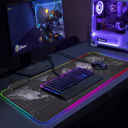 Apšviesta RGB žaidimų pelės kilimėlis LED 80x30 cm XXL Pasaulio žemėlapis