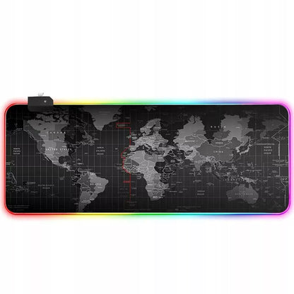 Apšviestas RGB žaidimų pelės kilimėlis XXL 80×30 cm – LED, Pasaulio žemėlapis