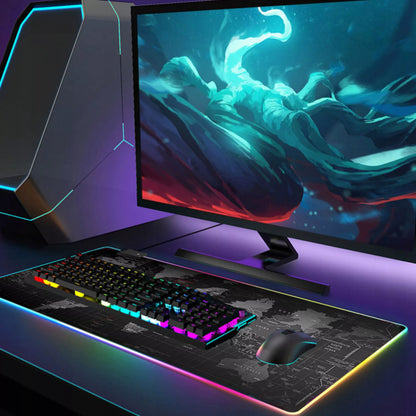Apšviestas RGB žaidimų pelės kilimėlis XXL 80×30 cm – LED, Pasaulio žemėlapis