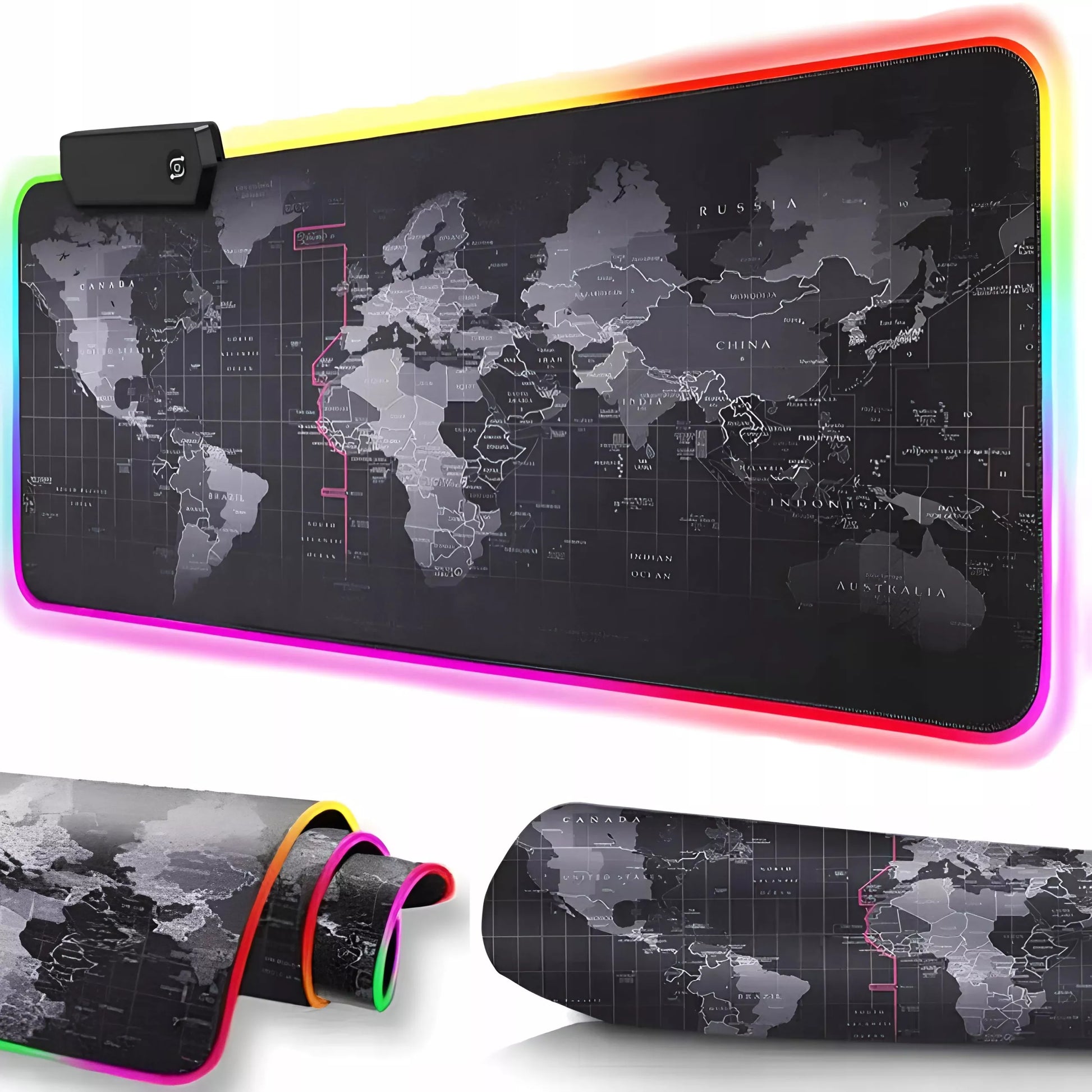 Apšviestas RGB žaidimų pelės kilimėlis XXL 80×30 cm – LED, Pasaulio žemėlapis