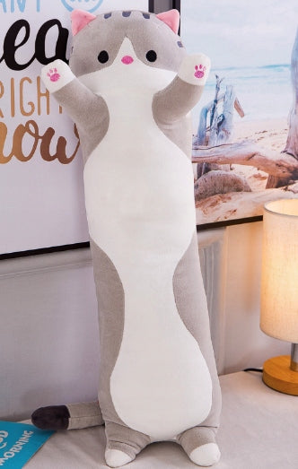 Ilgas pilkas katės pliušinis žaislas "Pūkuotukas" – minkštas talismanas vaikams, dovana, 90 cm