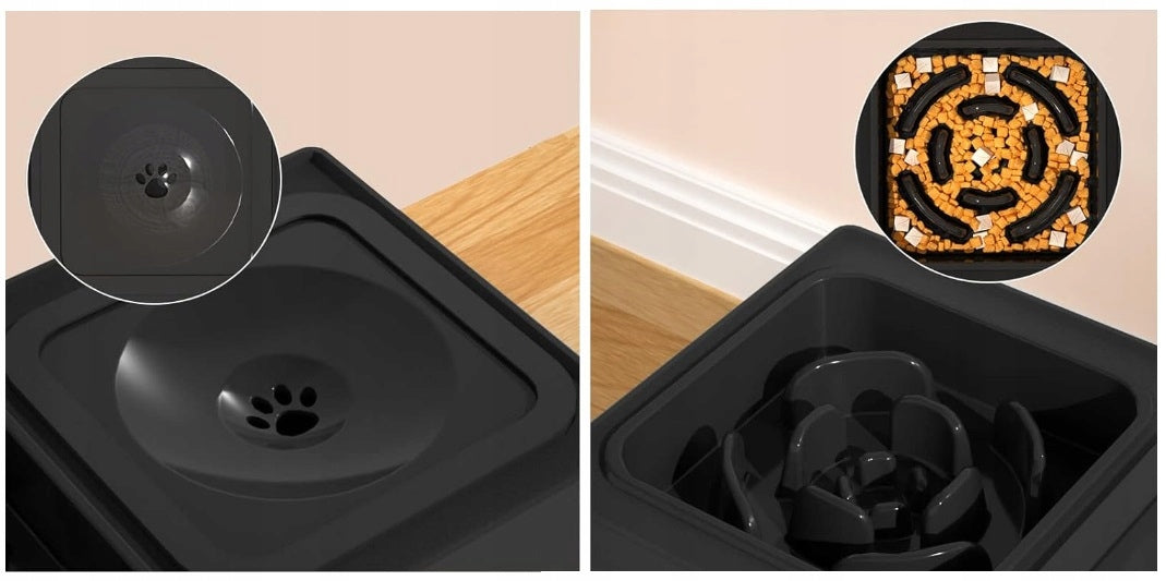 Dviguba šunų dubenėlio, nešlapinanti, sulėtinanti, reguliuojamo aukščio dubenėlio stovas